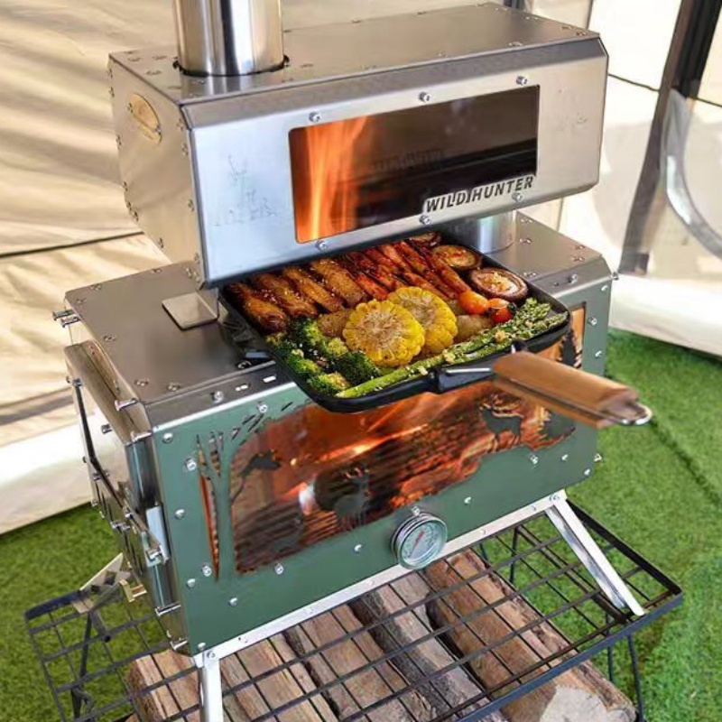 Camping With Cooking - Camping Firewood Stove 2-Side Fire Observation